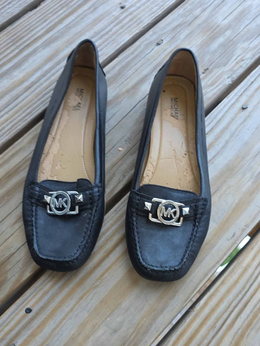 Michael Kors Black Leather Moccasin Loafers with Silver MK Emblem
